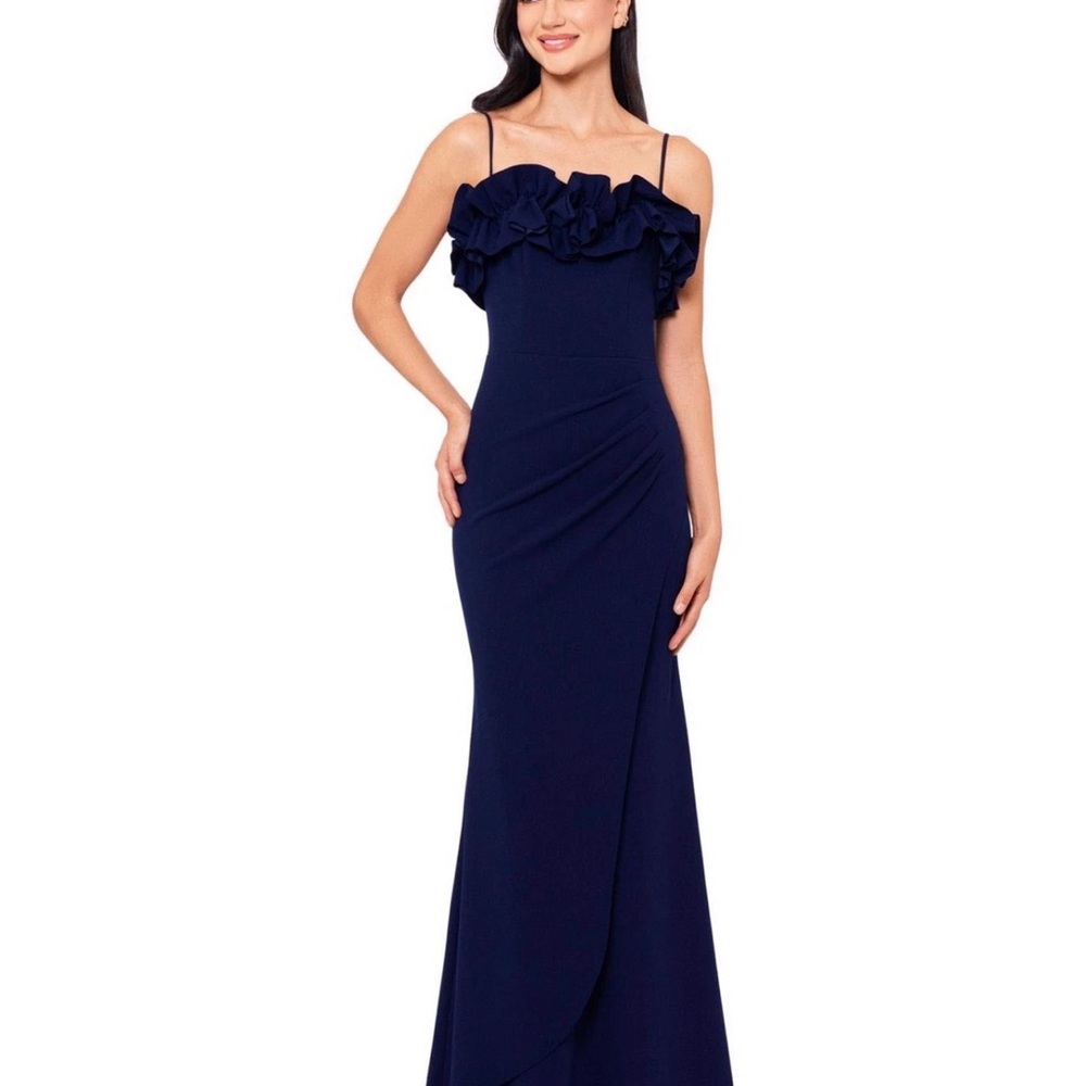 XSCAPE Women's Ruffled Sleeveless Scuba Crepe Navy Gown Sz 12 NWT